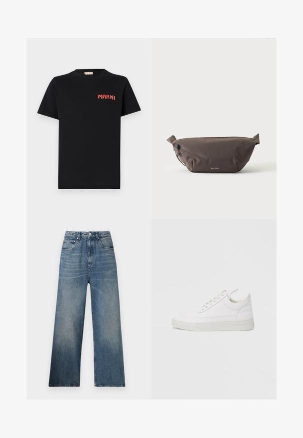 Sort bomulds T-shirt med en firkantet lomme og rød broderet "MARNI" tekst. Rund halsudskæring og korte ærmer, klassisk pasform.; Blå denim bredbenede jeans med høj talje, subtilt slid, fem lommer og metalknaplukning foran.; Hvid lædersneaker med rundet tå, flad sål og snørebånd foran. Har syningsdetaljer og polstret krave for komfort.; Mørkebrun stof talje taske med diagonalt lynlåslomme og lille hvidt logo på fronten, sat mod en ensfarvet lys baggrund.