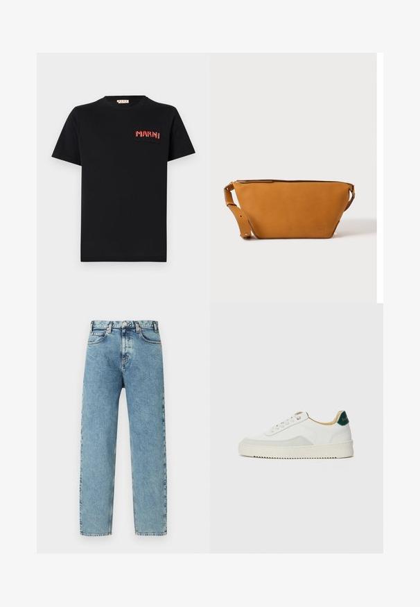 Sort bomulds T-shirt med en firkantet lomme og rød broderet "MARNI" tekst. Rund halsudskæring og korte ærmer, klassisk pasform.; Lyseblå denimjeans med lige ben, fem lommer og lukning med messingknap. Stoffet har et let tekstureret, falmet udseende.; Hvide sneakers med ruskindsdetaljer, rund tå, flade snørebånd og en cremet gummisål. Har grøn branding på hælen.; Lys brun læder crossbody taske med justerbar rem og lynlås, vist mod en ensartet lys baggrund.