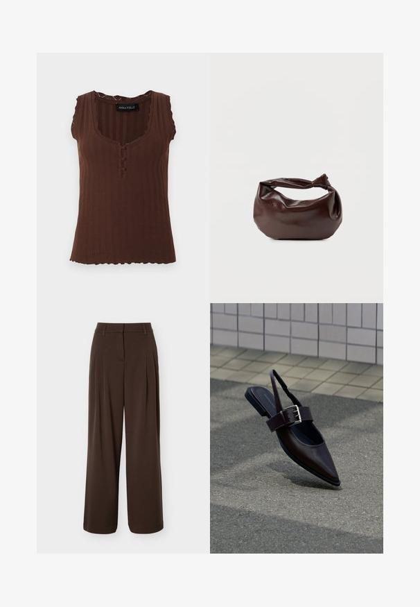 Top marron sans manches en maille côtelée avec des bords festonnés, trois boutons recouverts de tissu au niveau de l'encolure et un col rond dégagé.; Pantalon large marron foncé avec plis à l'avant, passants de ceinture et fermeture éclair avant cachée.; Chaussure plate à bout pointu marron foncé avec bride arrière, large sangle et grande boucle argentée sur l'asphalte près d'un mur carrelé.; Sac bandoulière en cuir marron foncé avec une forme souple et décontractée et une anse nouée torsadée sur un fond blanc uni.