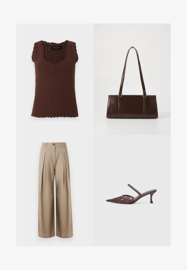 Top marron sans manches en maille côtelée avec des bords festonnés, trois boutons recouverts de tissu au niveau de l'encolure et un col rond dégagé.; Pantalon beige à jambes larges avec plis sur le devant, fermeture par boutons, passants pour ceinture et finition lisse du tissu, présenté sur fond blanc.; Chaussure à bride arrière en dentelle marron avec un bout pointu et une fine sangle, présentant un motif floral subtil et un talon aiguille étroit.; Sac à main en cuir verni marron de forme rectangulaire, avec deux longues poignées et des accents courbés subtils à l'avant.