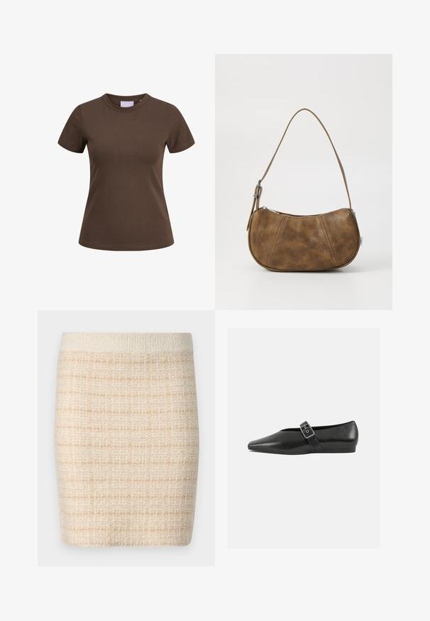 Brun tætsiddende T-shirt med korte ærmer og rund halsudskæring, vist på hvid baggrund.; Strikket beige mini-nederdel med et struktureret ternet mønster, har en solid cremefarvet talje. Midt-lår længde, blødt stof.; Sorte læder flade sko med spidse tæer, prydet med en metallisk spænde over vristen og en lav, fleksibel sål.; Brun faux læder skuldertaske med en buet form, en enkelt strop, kontrasterende syninger og en lynlåslukning langs den øverste kant.