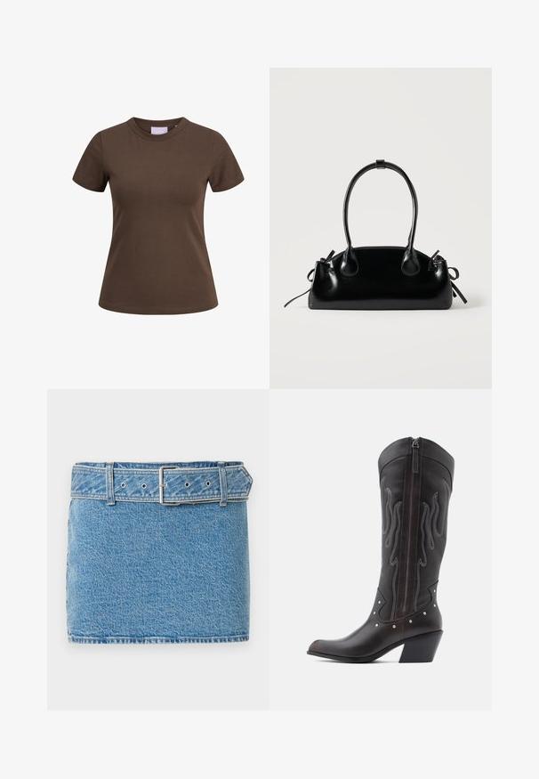 Bruine nauwsluitende T-shirt met korte mouwen en ronde hals, afgebeeld op een witte achtergrond.; Abercrombie & Fitch CLASSIC BELTED SCARLETTE MINI SKORT - Jeansrok - blue denim; Bruine leren cowboylaarzen met vlamstiksels, zijrits, zilveren studs, spits toelopende neus en gestapelde hak.; Kleine zwarte glanzende handtas met twee lange hengsels en zijkant trekkoord details op een effen lichte achtergrond.