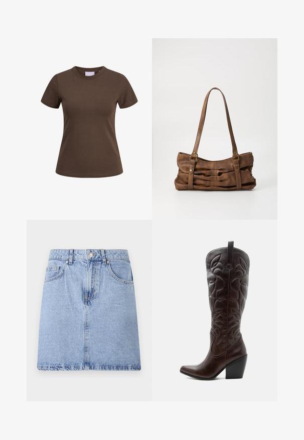 Brun tætsiddende T-shirt med korte ærmer og rund halsudskæring, vist på hvid baggrund.; Lyseblå denimskirt med fem lomme-design, frontknap og lynlåslukning samt rå kant. Glat tekstur med let falmning.; Høj mørkebrun læder cowboystøvle med syede dekorative mønstre, spids tå og stablet blokhæle.; Even&Odd Håndtasker - brown