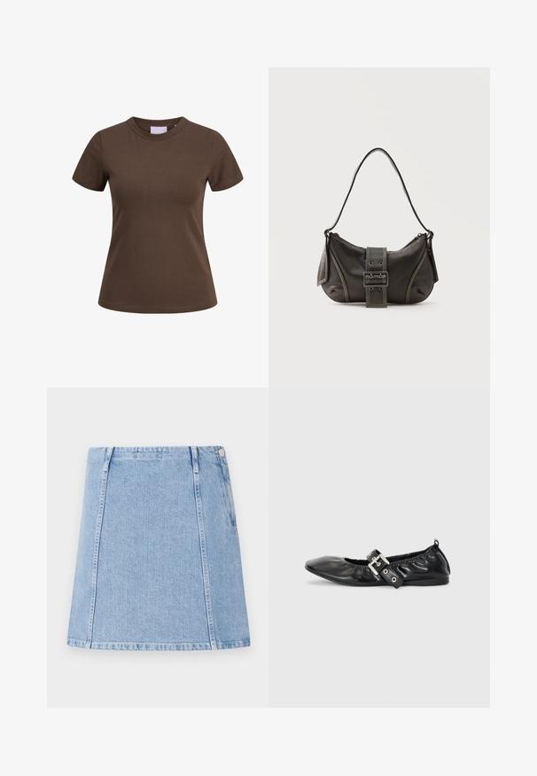 Camiseta marrón ajustada de manga corta con cuello redondo, mostrada sobre un fondo blanco.; Falda de denim azul claro con corte recto, detalles de costura visibles y un bolsillo lateral. El material tiene una textura con un acabado suave.; Zapato plano de piel negra con puntera afilada, detalle fruncido alrededor de la abertura y un acento de hebilla plateada en la correa ajustable.; Bolso de hombro de cuero negro con detalle de correa con hebilla, bordes curvos y costuras blancas en contraste sobre un fondo liso.