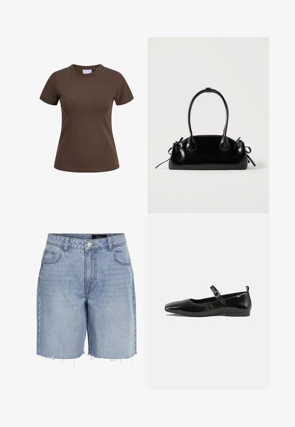 Brun tætsiddende T-shirt med korte ærmer og rund halsudskæring, vist på hvid baggrund.; Lysblå denimshorts med høj talje, fem lommer, frayed kant og klassisk knaplukning. Fremstillet af blødt, struktureret stof.; Sorte patentlæder flade sko med spidse tæer, en ankelrem med spænde og en glat, blank tekstur. Lav hæl for komfort.; Lille sort blank håndtaske med to lange håndtag og snøre-detaljer i siden på en ensfarvet lys baggrund.