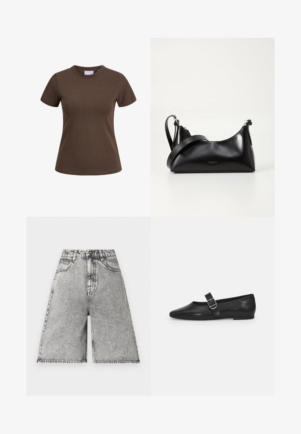 Brun tætsiddende T-shirt med korte ærmer og rund halsudskæring, vist på hvid baggrund.; Denimshorts i et sort og gråt syrevaske-mønster, med høj talje, bæltestropper og fem lommer. Kanter er færdigbehandlet.; Sorte læder flade sko med rund tå, et enkelt justerbart spænde og en glat, blank overflade. Minimalistisk design med en lav hæl.; Sort læderhåndtaske med en glat tekstur. Har en justerbar stropp og et enkelt, minimalistisk design med lynlås.