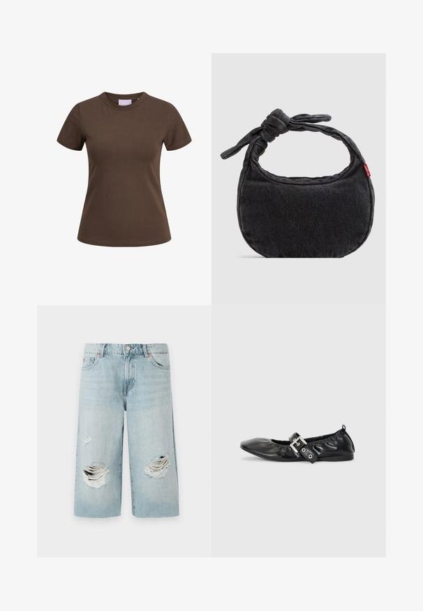 Brun tætsiddende T-shirt med korte ærmer og rund halsudskæring, vist på hvid baggrund.; Lyseblå denimshorts med løs pasform, der har to store slidte huller foran. Fem lommer og en synlig metalknaplukning.; Sorte læder flade sko med spids tå, samling detaljer omkring åbningen, og en sølv spænde accent på den justerbare rem.; Lille sort denim skuldertaske med knyttet rem og lynlåslukning, med en rød Levi's stofetiket på siden.