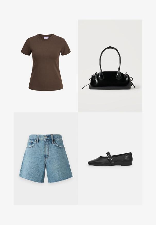 Brun tætsiddende T-shirt med korte ærmer og rund halsudskæring, vist på hvid baggrund.; Denim shorts i lys blå, med høj talje, fem lommer og rå kant. Fremstillet af tekstureret bomuldsstof med et klassisk design.; Sorte læder flade sko med rund tå, et enkelt justerbart spænde og en glat, blank overflade. Minimalistisk design med en lav hæl.; Lille sort blank håndtaske med to lange håndtag og snøre-detaljer i siden på en ensfarvet lys baggrund.