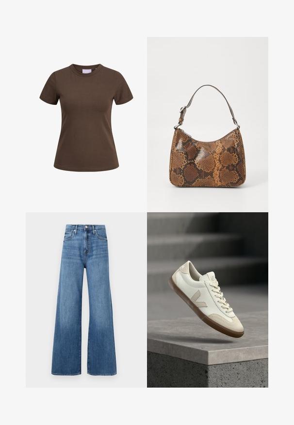 Brun tætsiddende T-shirt med korte ærmer og rund halsudskæring, vist på hvid baggrund.; Blå højtaljede vidde jeans med knap- og lynlåslukning, forlommer og diskret fading på stoffet.; Hvid og beige sneaker med gummisål, svævende over grå betonoverflade med slørede trapper i baggrunden.; Lille håndtaske med brun og sort slangeskinn mønster, kort justerbar rem og lynlåslukning.