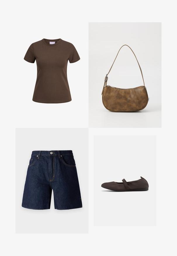 Brun tætsiddende T-shirt med korte ærmer og rund halsudskæring, vist på hvid baggrund.; Mørkeblå denimshorts med kontrastorange syninger. Har fem lommer, knaplukning og lige ben-design.; Brun balletsko med elastisk rem og rundet tå, vist mod en hvid baggrund, sideudsigt.; Brun faux læder skuldertaske med en buet form, en enkelt strop, kontrasterende syninger og en lynlåslukning langs den øverste kant.