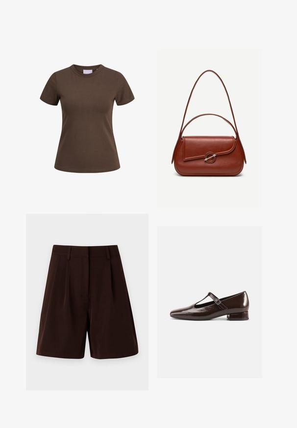 Brun tætsiddende T-shirt med korte ærmer og rund halsudskæring, vist på hvid baggrund.; Brune plisserede shorts lavet af letvægtsstof. Har en klassisk talje og sidelommer, med en lige pasform og kantede kanter.; Brune Mary Jane-sko i laklæder med en rundet tå, udskæringsdesign og justerbar rem. Lav blokhæl.; Brun skuldertaske i læder med afrundet rektangulær form, asymmetrisk klap, sølvfarvet rund lukning og to tynde stropper.
