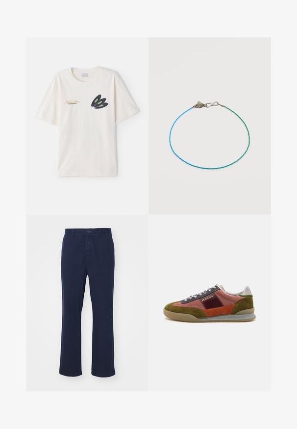 Cremefarvet bomulds t-shirt med et mørkt vinylplade grafik med grønne accenter og guldtekst på forsiden. Korte ærmer, rund hals.; Mørkeblå bomuldsbukser med lige ben-design, der har en frontknaplukning og sidelommer. Glat tekstur med minimal detaljer.; PS Paul Smith DOVER - Sneakers - pink; Delikat perlearmbånd med små blå og grønne firkantede perler og en sølv krog-lås på en hvid baggrund.