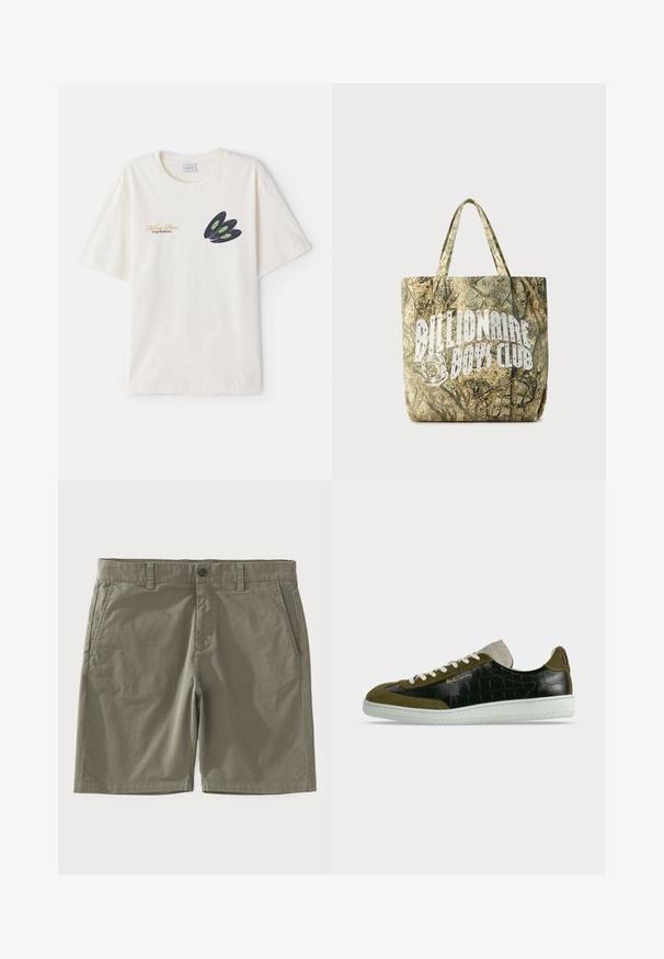 Cremfarbener Baumwoll-T-Shirt mit einem dunklen Schallplattendesign in grün mit goldener Schrift auf der Vorderseite. Kurze Ärmel, Rundhalsausschnitt.; Olivgrüne Shorts aus Baumwollmischgewebe mit Knopfverschluss, Gürtelschlaufen und zwei Seitentaschen in glatter Textur.; Low-Top-Sneaker mit schwarzen Krokodil-Textur-Paneelen, olivgrünem Wildlederbesatz, weißen Schnürsenkeln, beiger Zunge und weißer Sohle.; Tasche mit Camouflage-Muster aus strukturiertem Stoff mit zwei Griffen. Auf einer Seite befindet sich ein auffälliges weißes Logo.