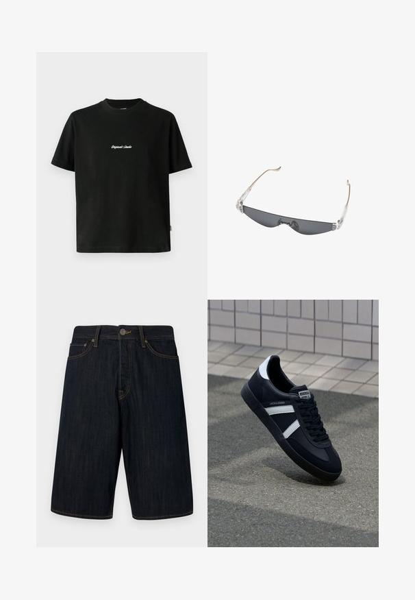 Zwarte katoenen T-shirt met korte mouwen, met een witte geborduurde tekst "Original Studio" over de borst en een ronde hals.; Donkerdenim shorts met een rechte snit, voorzien van gele stiksels, vijf zakken en een sluiting met een voorknop. Zoek een gladde structuur.; Zwarte leren sneaker met witte strepen, een gestructureerde rubberen zool en vetersluiting aan de voorkant. Voorzien van een merklabel op de tong.; Slanke, rechthoekige donker getinte zonnebril met doorzichtige kunststof scharnieren en dunne beige pootjes die aan de uiteinden gebogen zijn.