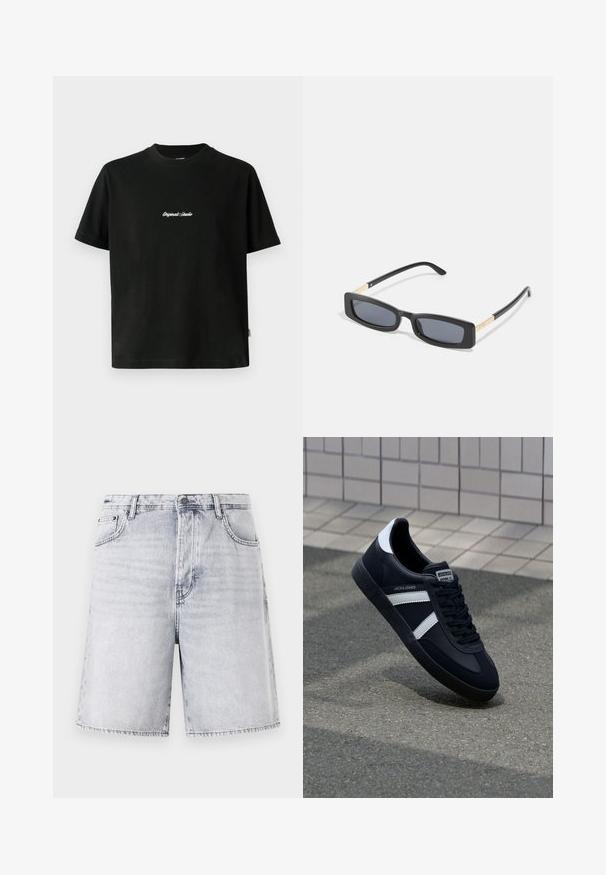 Zwarte katoenen T-shirt met korte mouwen, met een witte geborduurde tekst "Original Studio" over de borst en een ronde hals.; Lichtgrijze denim shorts met een iets vervaagde afwerking. Beschikt over vijf zakken, riemlussen en een rits met knoopsluiting.; Zwarte leren sneaker met witte strepen, een gestructureerde rubberen zool en vetersluiting aan de voorkant. Voorzien van een merklabel op de tong.; Rechthoekige zwarte zonnebril met donkere lenzen. Slanke, platte armen hebben een gouden accent. Glad kunststof frame met een matte afwerking.