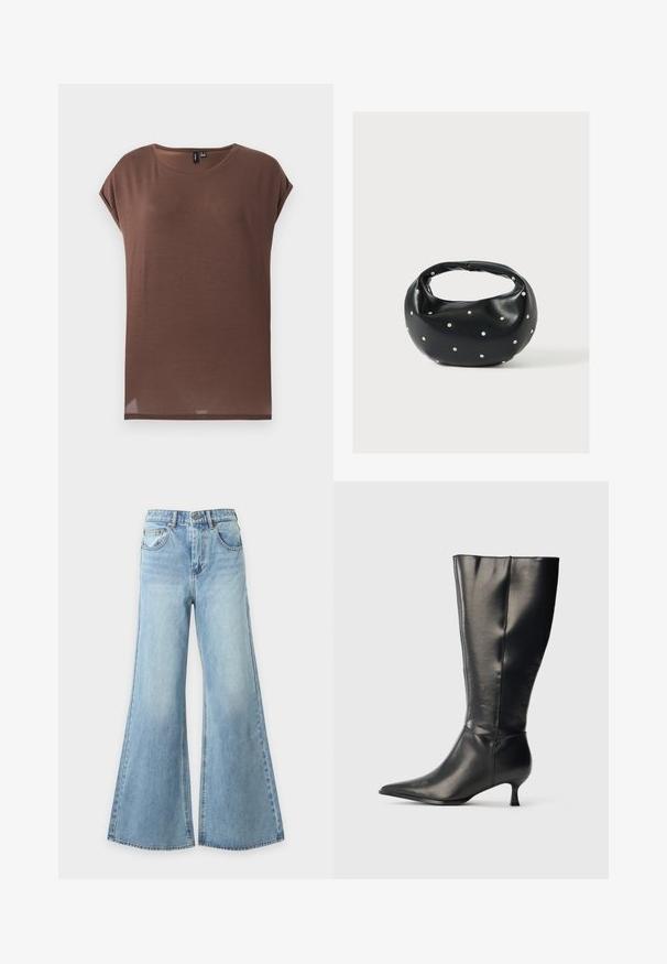 Haut marron à manches courtes en tissu doux et léger. Il présente un col rond et une coupe décontractée avec un ourlet droit.; Jean bleu clair à jambes larges en denim avec fermeture à bouton et fermeture éclair à l'avant, passants de ceinture et poches avant, présenté sur un fond uni.; Botte en cuir noire montant jusqu'au genou, avec un bout pointu et un petit talon bas, présentée sur un fond clair uni.; Sac à main en cuir noir de forme arrondie, décoré de clous argentés et équipé d'une poignée courte. Texture lisse et fermeture éclair.
