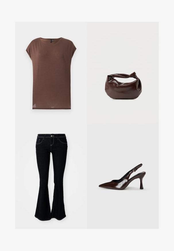 Haut marron à manches courtes en tissu doux et léger. Il présente un col rond et une coupe décontractée avec un ourlet droit.; Jeans évasés en denim foncé avec une taille haute, des poches avant et arrière, et des coutures contrastantes jaunes.; Talons slingback en cuir verni brun avec un bout pointu, un talon fin, et une sangle réglable avec une petite boucle.; Sac bandoulière en cuir marron foncé avec une forme souple et décontractée et une anse nouée torsadée sur un fond blanc uni.