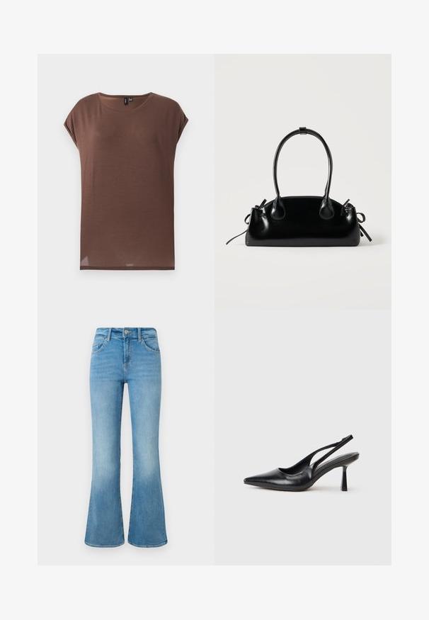 Haut marron à manches courtes en tissu doux et léger. Il présente un col rond et une coupe décontractée avec un ourlet droit.; Jean flare en denim bleu clair avec poches avant, passants de ceinture et fermeture à bouton sur un fond blanc.; Chaussure à talon haut en cuir noir, à bride arrière, avec un bout pointu et un talon fin sur fond blanc.; Petit sac à main noir brillant avec deux longues anses et des détails à cordon sur les côtés sur un fond clair uni.