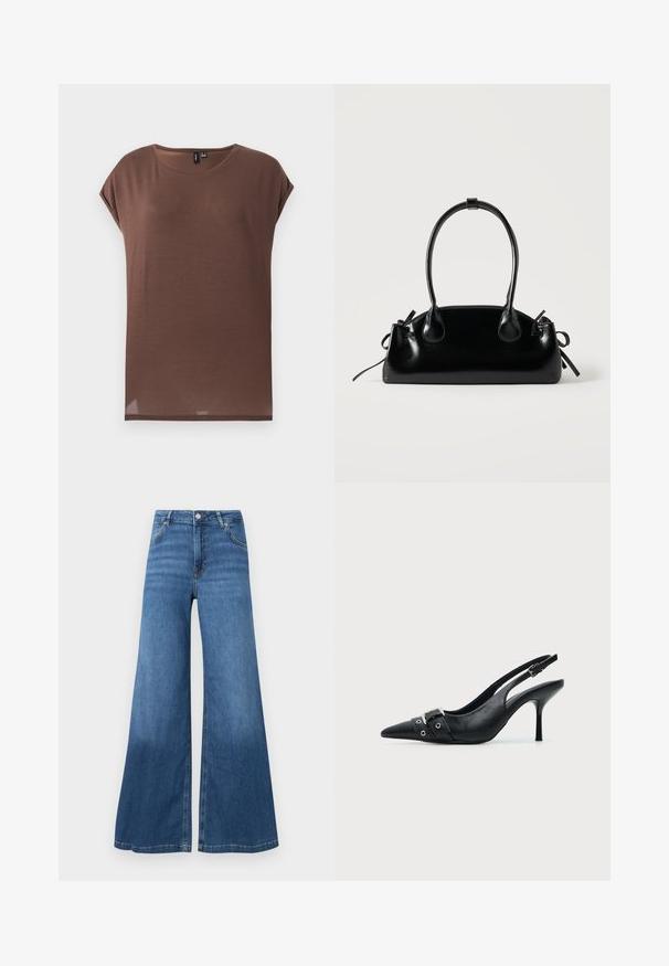 Haut marron à manches courtes en tissu doux et léger. Il présente un col rond et une coupe décontractée avec un ourlet droit.; Jean bleu à jambe large en denim, avec taille haute, poches avant et ourlet propre. Pas de motifs ni d'ornements visibles.; Escarpin slingback à talon haut en cuir noir avec bout pointu, boucle et détail de bride œillet à l'avant.; Petit sac à main noir brillant avec deux longues anses et des détails à cordon sur les côtés sur un fond clair uni.