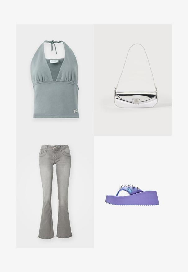 Halter-neck crop top i dæmpet grå, lavet af blødt stof, med en sammensunket buste, mesh-detaljer og et lille logo mærke ved kanten.; Grå flagrende jeans med en middelhøj talje, frontlommer og knaplukning, lavet af denimstof med en glat tekstur.; Lilla flip-flop sandal med sølv sommerfugledekorationer på remmen og en struktureret sål.; Lille sølv skuldertaske med en tynd rem og en frontklap sikret med en metal spænde.