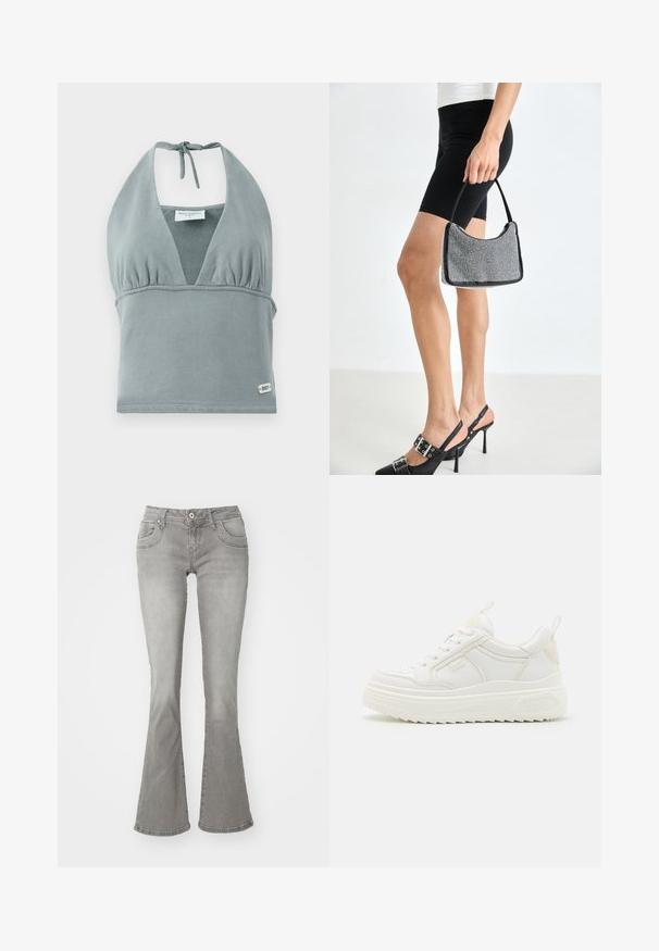 Halternek crop top in gedempt grijs, gemaakt van zachte stof, met een geplooid decolleté, mesh details en een klein logo label aan de onderkant.; Grijze flared jeans met een middelhoge taille, voorkzakken en een knoopsluiting, gemaakt van denim stof met een gladde structuur.; Witte leren sneakers met een stevige zool, vetersluiting en subtiele branding. Heeft een zachte textuur en een ronde neus.; Zwarte beaded handtas met een gebogen silhouet, draaghandvat en glanzende textuur. Draagt bij hoge zwarte hakken en strakke zwarte shorts.