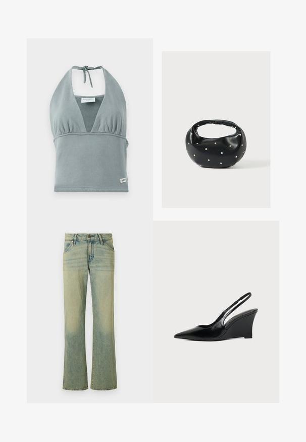 Halter-neck crop top i dæmpet grå, lavet af blødt stof, med en sammensunket buste, mesh-detaljer og et lille logo mærke ved kanten.; Lyseblå denimjeans med et flagrende ben-design, der har fem lommer og subtil falmning. Stoffet har en glat tekstur og en klassisk knaplukning.; Sort læder kilehælssko med spids tå og høj hæl samt tynd rem over hælen, vist i profil.; Sort læderhåndtaske med en rundet form, dekoreret med sølvnitter, og et kort håndtag. Glat tekstur og lynlåslukning.