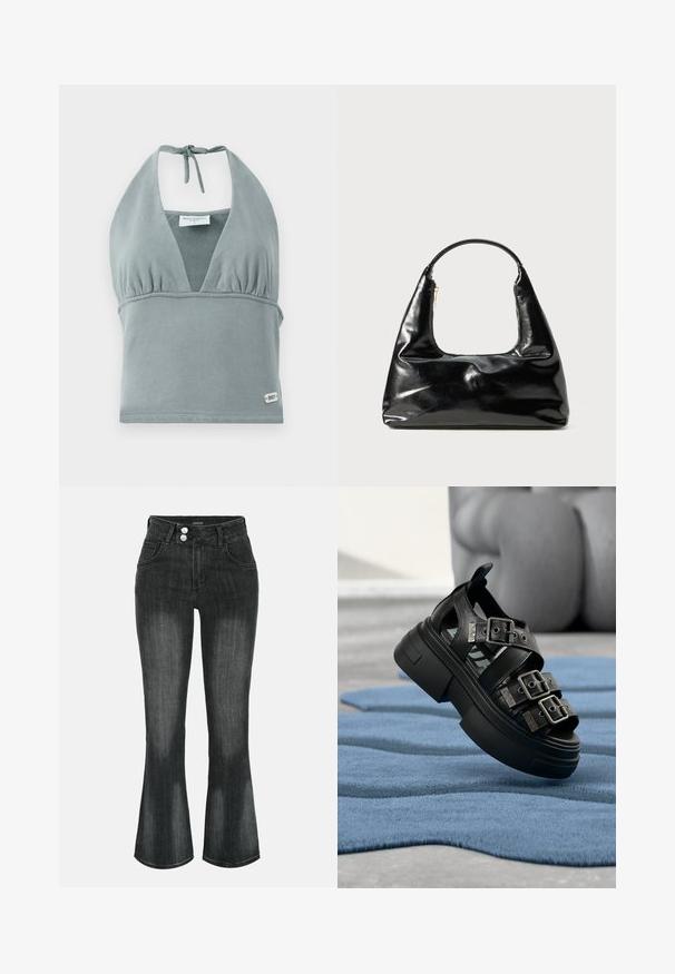 Crop top à col halter en gris doux, fabriqué en tissu doux, avec un bustier froncé, des détails en maille et une petite étiquette logo en bas.; Jean en denim noir délavé à taille haute, fermeture double bouton, poches avant et jambes légèrement évasées.; Sandale plateforme en cuir noir avec trois boucles argentées réglables, présentée sur une surface texturée bleue avec un arrière-plan flou.; Sac à main en cuir verni noir avec une anse semi-circulaire, forme trapézoïdale, texture lisse et une fermeture éclair simple.
