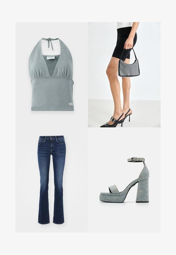 Halter-neck crop top i dæmpet grå, lavet af blødt stof, med en sammensunket buste, mesh-detaljer og et lille logo mærke ved kanten.; Bredde mørkeblå jeans lavet af denim, med et klassisk fem-lomme design, lynlås foran og knaplukning. Glat tekstur og medium taljehøjde.; Denim platform-sandaler med en tyk blokhæl, åben tå og ankelrem med en metalspænde. Lys blå med subtil tekstur.; Sort perlehandtaske med en buet silhuet, bærehåndtag og blank overflade. Båret med højhælede sorte sko og tætsiddende sorte shorts.