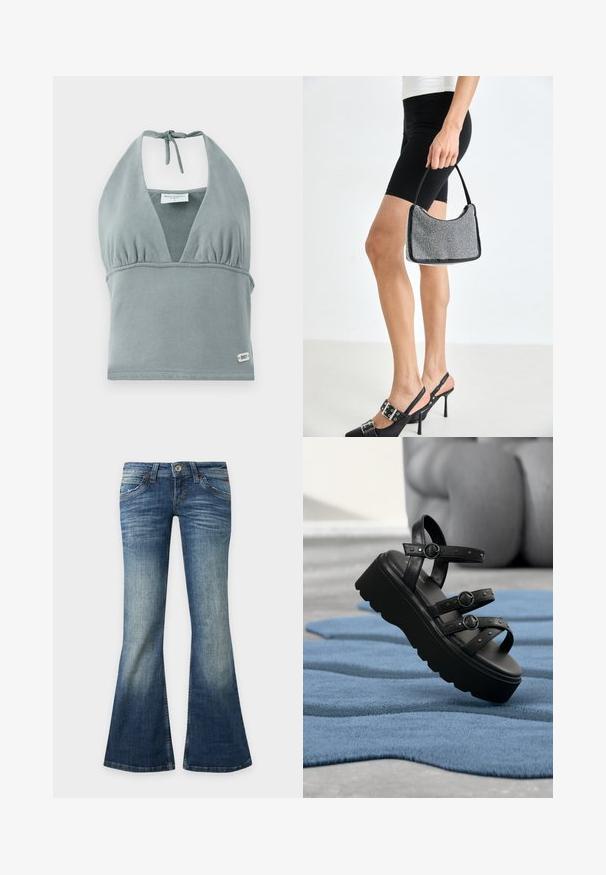 Halter-neck crop top i dæmpet grå, lavet af blødt stof, med en sammensunket buste, mesh-detaljer og et lille logo mærke ved kanten.; Blå denimjeans med falmet effekt, lav talje, forlommer og udvidede vide ben.; Sort platform-sandal med tre justerbare remme med spænder, placeret på en tekstureret blå tæppe med sløret baggrund.; Sort perlehandtaske med en buet silhuet, bærehåndtag og blank overflade. Båret med højhælede sorte sko og tætsiddende sorte shorts.