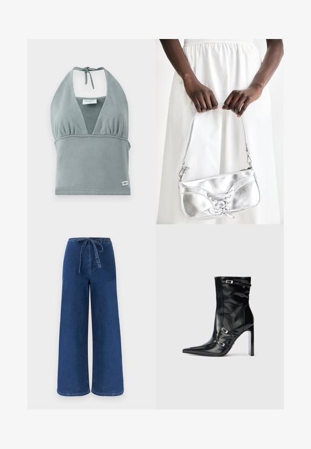Halter-neck crop top i dæmpet grå, lavet af blødt stof, med en sammensunket buste, mesh-detaljer og et lille logo mærke ved kanten.; Bredbenede blå denimbukser med høj talje og et stofbælte bundet i en sløjfe foran.; Sort læder ankelstøvler med spidse tæer, høje hæle og dekorative sølvspænder på siderne for ekstra detaljer.; Sølvmetallic håndtaske med snøredetaljer, der har et slankt design og en kort strop. Tasken holdes i hænderne for at fremvise dens tekstur.