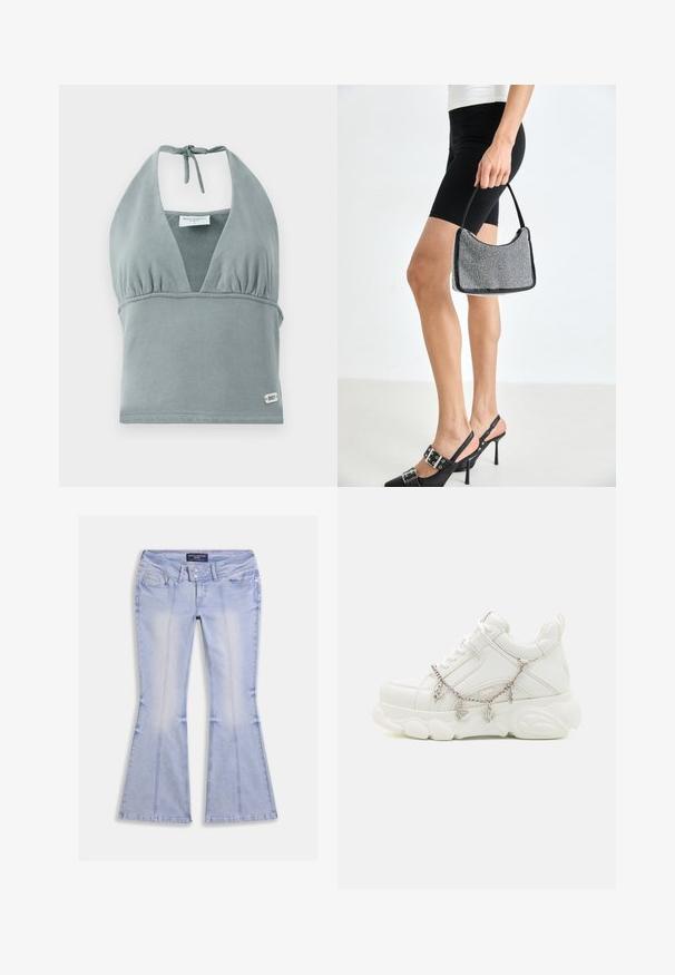 Crop top à col halter en gris doux, fabriqué en tissu doux, avec un bustier froncé, des détails en maille et une petite étiquette logo en bas.; Jean évasé bleu clair avec poches avant et arrière, fermeture à double bouton et coutures visibles sur toute la surface.; Baskets blanches avec une semelle épaisse, tige en cuir texturé et chaîne en métal décorative avec des breloques. Dispose d'un système de laçage et d'un col rembourré.; Sac à main à perles noires avec une silhouette courbée, une poignée de transport et une texture brillante. Porté avec des chaussures à talons hauts noires et un short noir ajusté.