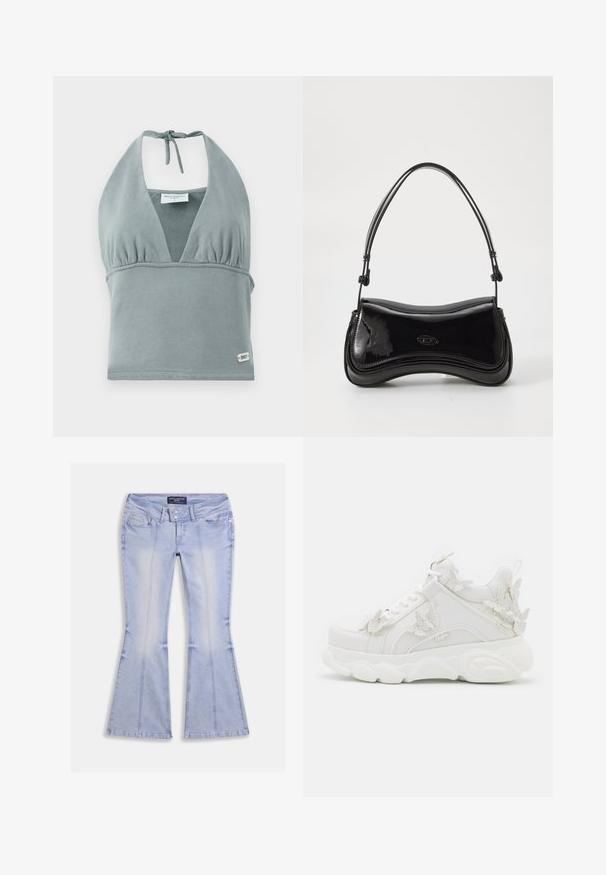 Halter-neck crop top i dæmpet grå, lavet af blødt stof, med en sammensunket buste, mesh-detaljer og et lille logo mærke ved kanten.; Lyseblå flare jeans med lommer foran og bagpå, dobbelt knaplukning og synlige sømme hele vejen rundt.; Hvid chunky sneaker med tyk sål og dekorative 3D sommerfugle detaljer på siden, snørebånd og hæl.; Sort patentlæder håndtaske med en buet form, et enkelt håndtag og en rund bund. Har en subtil logo-detalje på forsiden.