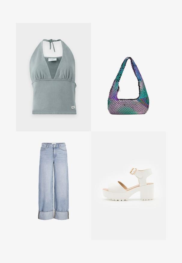 Halter-neck crop top i dæmpet grå, lavet af blødt stof, med en sammensunket buste, mesh-detaljer og et lille logo mærke ved kanten.; Lyseblå vidbenet denimjeans med optrukne kanter, forreste knap og lynlås, bæltestropper og forlommer.; Hvid åben tå sandal med en klodset hæl, justerbar ankelrem, tekstureret sål og glat syntetisk overdel. Guldfarvet spænde som accent.; Holografisk skuldertaske med sorte trim, der har en buet form og et mosaikmønster af iriserende sekskanter i grøn, blå og lilla.