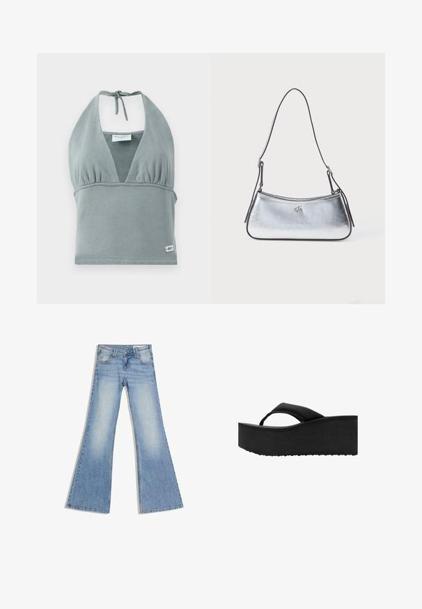 Halter-neck crop top i dæmpet grå, lavet af blødt stof, med en sammensunket buste, mesh-detaljer og et lille logo mærke ved kanten.; Lyseblå cowboybukser med høj talje, forlommer og vide, udvidede ben, lagt fladt på en hvid baggrund.; Sort platform flip-flop med tyk polstret sål og bred tårem, set fra siden på hvid baggrund.; Sølvmetallic skuldertaske med en buet form, tynd sort rem og subtil branding. Glat tekstur og minimalistisk design.