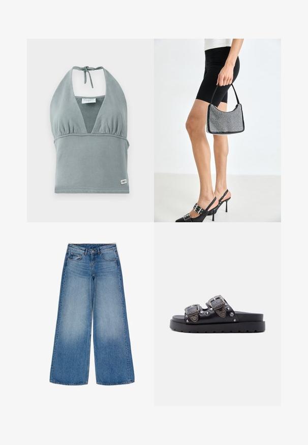 Halter-neck crop top i dæmpet grå, lavet af blødt stof, med en sammensunket buste, mesh-detaljer og et lille logo mærke ved kanten.; Bredde ben blå denim jeans med en falmet vask. Har robuste lommer, høj talje og en klassisk knap- og lynlåslukning.; Sort slidesandal med tyk sål, to brede remme, indgraverede sølvspænder og dekorative metalnitter på en ensfarvet baggrund.; Sort perlehandtaske med en buet silhuet, bærehåndtag og blank overflade. Båret med højhælede sorte sko og tætsiddende sorte shorts.