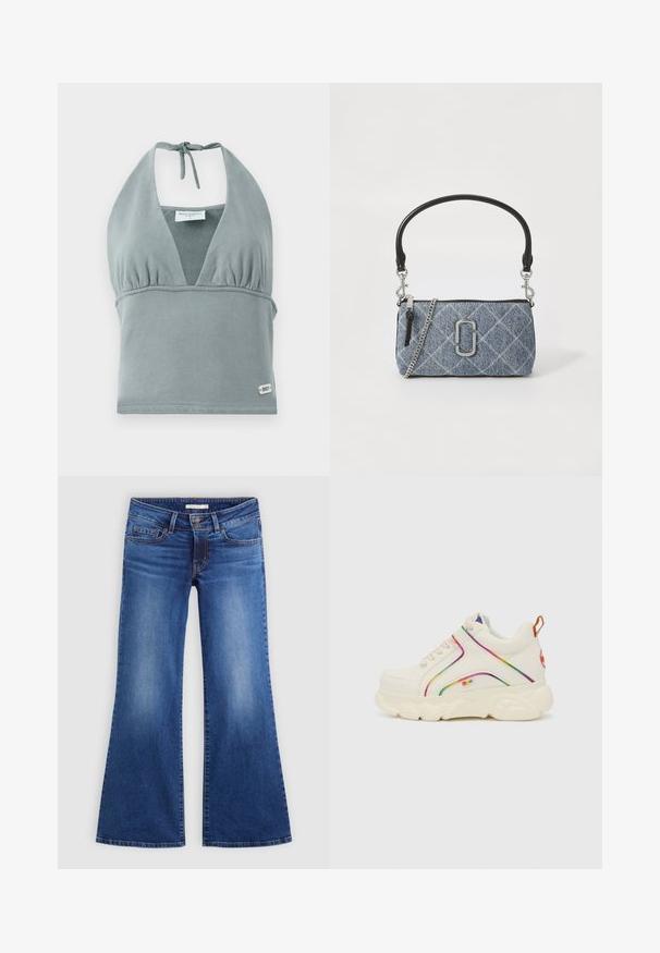 Halter-neck crop top i dæmpet grå, lavet af blødt stof, med en sammensunket buste, mesh-detaljer og et lille logo mærke ved kanten.; Bredde blå jeans lavet af denim, der har et klassisk fem-lomme design, let slid, og kontrasterende syninger langs sømmen.; Hvide sneakers med flerfarvede detaljer og snørebånd. Har en kraftig sål og teksturerede sidepaneler med et regnbuedesign.; Lille rektangulære blå quiltede denimhåndtaske med sort læderhåndtag, sølv kæderekke, lynlås og sølv logo-emblem på fronten.
