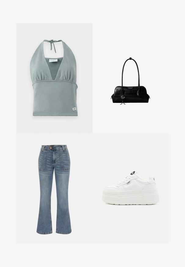 Το μπλουζάκι crop top με λαιμόκοψη halter σε ήσυχο γκρίζο χρώμα, φτιαγμένο από μαλακό ύφασμα, διαθέτει συγκεντρωμένη περιοχή στο στήθος, λεπτομέρειες από δίχτυ και μια μικρή ετικέτα με λογότυπο στο τελείωμα.; Μπλε τζιν με ψηλή μέση, εμπρόσθιες τσέπες με πατς, κλείσιμο με κουμπί και φερμουάρ, και ελαφρώς φαρδύ σιλουέτα πόδι.; Λευκά αθλητικά παπούτσια με επίπεδη σόλα, με λεία συνθετική επιφάνεια, στρογγυλή μύτη, μαλακή κολόνα και υφασμάτινη σόλα. Διαθέτουν ετικέτα λογότυπου σε αντίθεση.; Μαύρη δερμάτινη τσάντα ώμου με υφή κροκοδείλου, μακριά λουριά και μικρό ασημένιο λογότυπο σε ένα από τα λουριά.