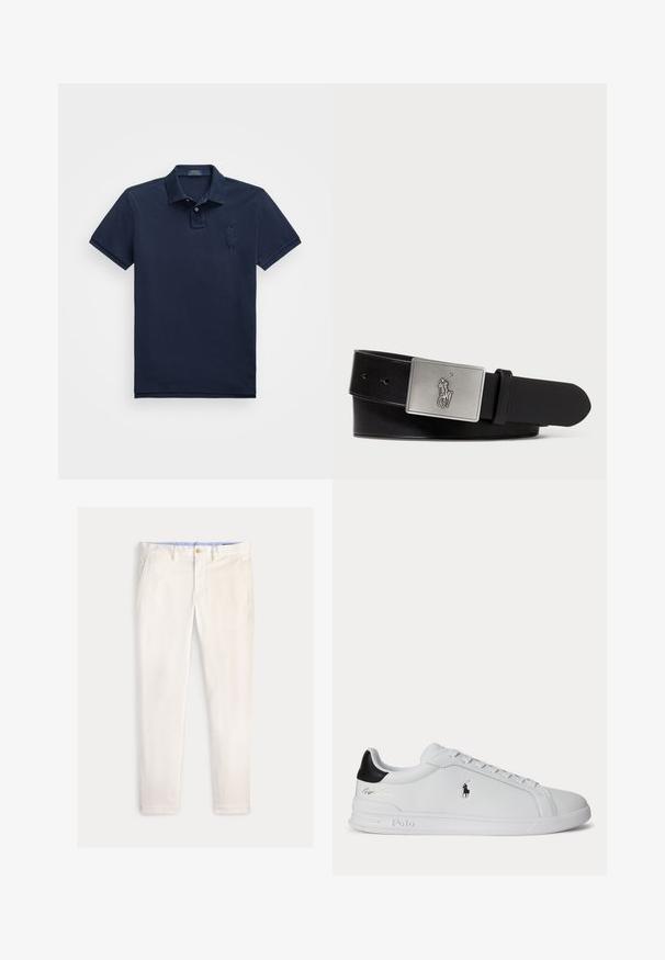 Marineblå kortærmet polo skjorte lavet af bomuldsstof, med en front med tre knapper, krave og broderet logo på venstre bryst.; Herre slim-fit off-white bukser med frontlommer, bæltestropper og knaplukning på en ensfarvet baggrund.; Hvid lavtop sneaker med sort hælfane, snørebånd og Polo Ralph Lauren-logo på siden, med præget såldetaljer.; Sort læderbælte med en rektangulær sølvmetalspænde med et præget hestebuddy-logo, glat tekstur og fem hul til spænde.