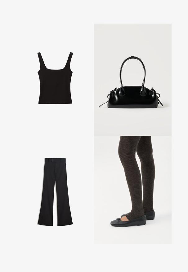 Top noir sans manches avec un décolleté carré, fabriqué en coton lisse, doté de bretelles épaisses et d'une silhouette ajustée.; Pantalon noir taille haute à jambes larges avec une taille à double bouton et une fermeture éclair frontale, présenté à plat sur un fond blanc.; Jambes portant des leggings côtelés foncés associés à des ballerines noires avec de petits détails en nœud sur fond blanc.; Petit sac à main noir brillant avec deux longues anses et des détails à cordon sur les côtés sur un fond clair uni.