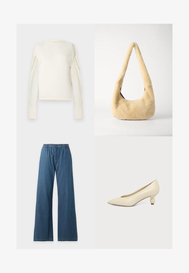 Tunique crème à manches longues en tissu doux. Elle présente un col rond et des manches bouffantes. Design simple, sans motifs ni éléments métalliques visibles.; Pantalon en denim bleu à jambes larges avec taille élastique et poches latérales, présenté sur un fond clair uni.; Chaussure femme couleur crème à bout pointu avec un petit talon rond en forme de boule, sur fond uni.; Sac à épaule en shearling beige avec une poignée incurvée et une forme arrondie. La texture est douce et pelucheuse, avec des accents matériels minimaux.