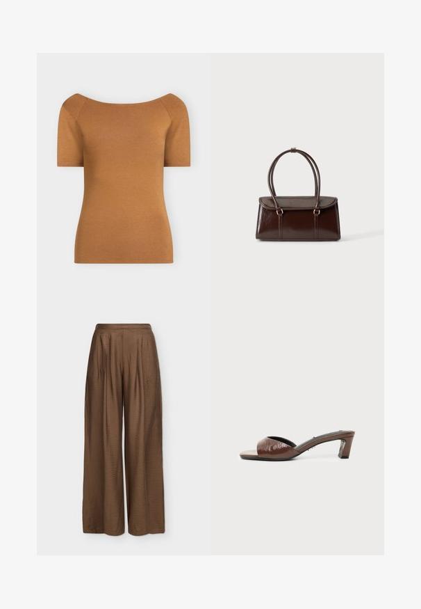 Haut ajusté à manches courtes, marron clair, avec un large décolleté épaules dénudées, présenté sur un fond uni.; Pantalon marron à taille haute et jambes larges avec texture, plis à l’avant et poches latérales, présenté sur fond blanc.; Mule marron à bout ouvert avec un petit talon bloc et une finition brillante, présentée de profil sur fond blanc.; Sac à main en cuir brillant marron foncé avec un corps rectangulaire structuré et deux longues anses arrondies sur un fond clair uni.