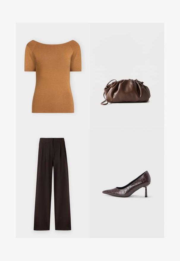Haut ajusté à manches courtes, marron clair, avec un large décolleté épaules dénudées, présenté sur un fond uni.; Pantalon marron foncé à jambes larges avec plis et passants pour ceinture, doté d'une fermeture éclair avant et d'un ourlet net sur un fond uni.; Escarpins à bout pointu en similicuir marron avec une texture crocodile, dotés d’un talon fin et angulaire ainsi que d’une doublure intérieure lisse.; Sacoche en cuir marron doux avec un haut froncé et une fine bandoulière, posée sur un fond blanc.