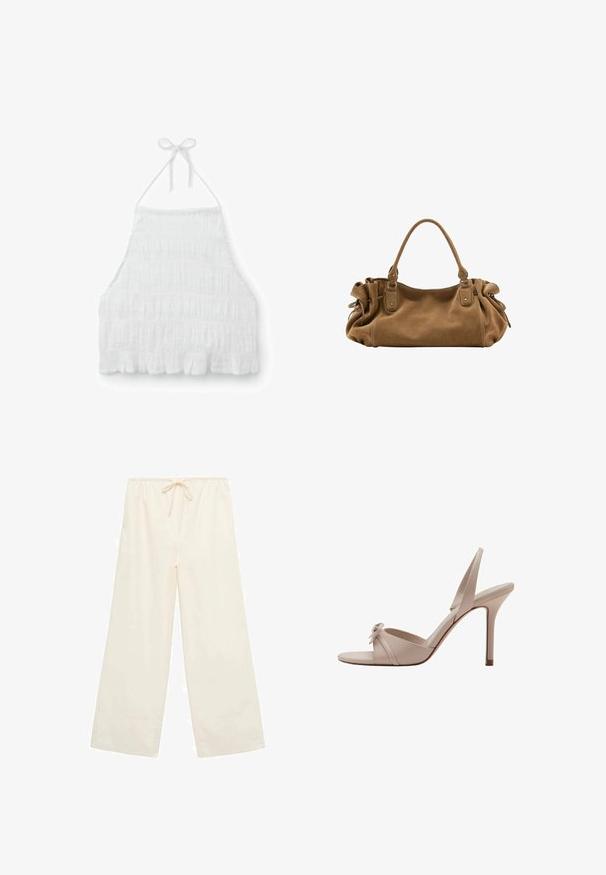 Witte textuurstof halter neck crop top met geplooid ontwerp en gerimpelde zoom.; Crème kleurige wijde broek met elastische tailleband en voorste trekkoord, met brede manchetten aan de zoom.; Beige open-toe hoge hak sandaal met dunne bandjes en een kleine decoratieve strik aan de voorkant, slingback stijl en stiletto hak.; Zachte bruine suède handtas met een enkele bovenzijde handvat en geplooide zijkanten bevestigd met leren riemen en metalen ringen.