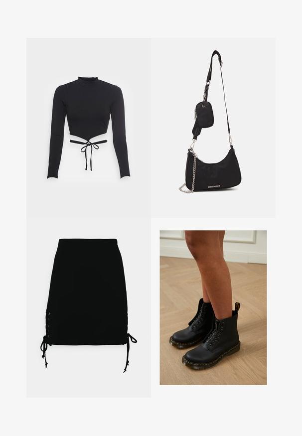 Even&Odd by Zalando T-shirt à manches longues - black; Even&Odd by Zalando Minijupe - black; Bottines en cuir noir avec fermeture éclair et design à lacets, arborant des coutures jaunes et une semelle épaisse et texturée.; Sac en nylon noir à l'épaule avec une forme incurvée, accent en chaîne argentée, pochette mini amovible et bandoulière ajustable ; présente le logo "Steve Madden".