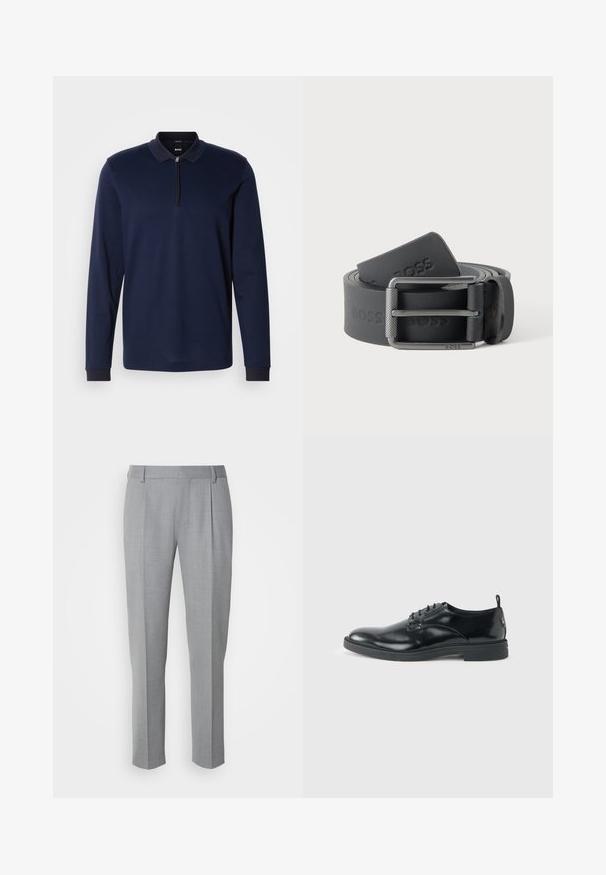 Marineblauwe longsleeve polo met een ritskraag, textuurstof en contrasterende donkere kraagafwerking. Heeft fitted manchetten en een subtiel patroon.; Grijze op maat gemaakte broeken met een gladde textuur, voorzien van een platte voorkant, rechte pijpen en subtiele plooien voor extra details.; Glanzende zwarte lederen nette schoen met lage hak, vetersluiting en ronde neus, van opzij getoond tegen een effen lichte achtergrond.; Zwarte lederen riem opgerold met een getextureerde metalen gesp gegraveerd met "BOSS" op een effen lichte achtergrond.