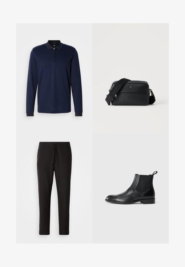 Marineblaues Langarm-Polohemd mit Reißverschlusskragen, strukturiertem Stoff und kontrastierendem dunklem Kragenbesatz. Verfügt über eng anliegende Bündchen und ein dezentes Muster.; Schwarze Jogginghose aus glattem Stoff. Mit einem elastischen Bund und Kordelzug, schmal zulaufenden Beinen und ohne sichtbare Taschen. Einfaches Design.; Schwarze Leder-Stiefelette mit elastischen Seiteneinsätzen, abgerundeter Zehenpartie und einem Zugschlauf. Glatte Textur, flache Sohle, minimalistisches Design.; Schwarze, strukturierte Leder-Crossbody-Tasche mit vorderer Reißverschlusstasche und verstellbarem breitem Stoff-Schulterriemen auf weißem Hintergrund.
