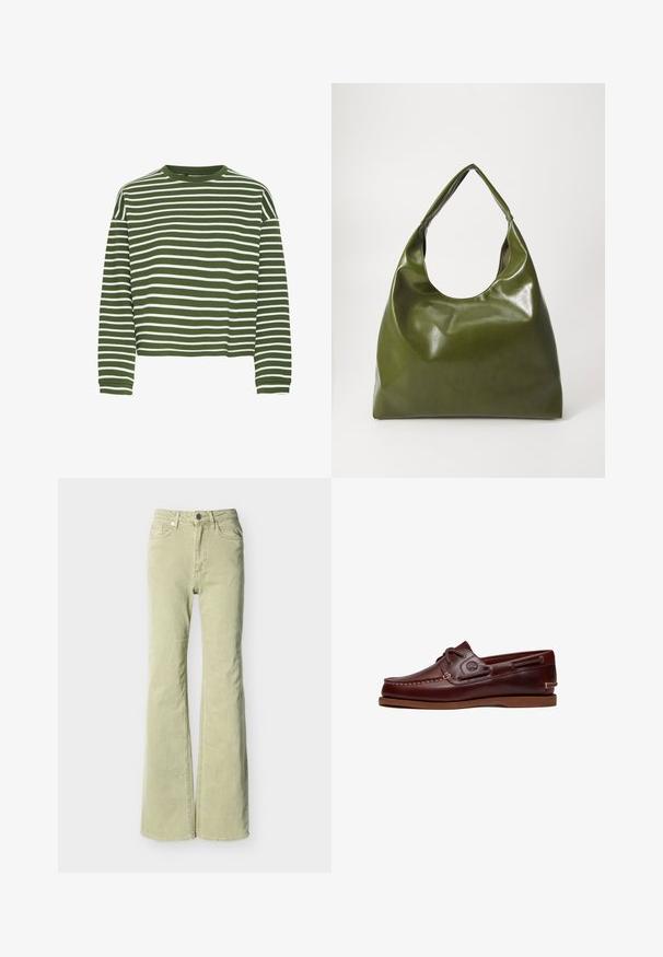 Top de manga larga a rayas verdes y blancas con cuello redondo y corte recto. Tejido suave y texturizado, con rayas horizontales distribuidas uniformemente.; Vaqueros acampanados de color verde claro con cierre de botón y cremallera, bolsillos delanteros y traseros, y trabillas para cinturón sobre un fondo blanco.; Zapato náutico de cuero marrón con cordones, detalles de costura y logo de Timberland en el lateral, mostrado sobre un fondo blanco.; Bolsa hobo verde de cuero con un diseño suave, asa curvada y textura lisa. No contiene hardware visible ni acentos.