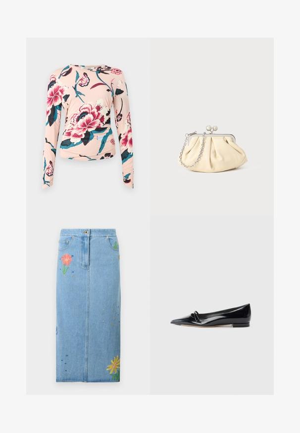 Diane von Furstenberg LONG SLEEVE SHIRT - Longsleeve - light pink; Lichtblauwe denim midi-rok met voorzakken, knoopsluiting en kleurrijke geborduurde bloemen aan de zijkanten en onderkant.; Zwarte gepatenteerde leren platte schoen met een puntige neus, een kleine decoratieve band en een lage blokhak. Gladde textuur en strak ontwerp.; Geplooide beige leren clutch met een zilveren metalen frame, voorzien van twee ronde decoratieve sluitingen en een zilveren kettingriem.