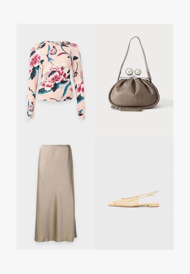 Diane von Furstenberg LONG SLEEVE SHIRT - Langærmet T-shirt - light pink; Satin midi nederdel i lys beige med elastisk talje, glat tekstur og en flydende A-form. Ingen synlige mønstre eller hardware.; Slingback fladsko i lys beige med en mesh-overdel, spids tå og en lav hæl. Har en justerbar strop for bedre pasform.; Grå læderhåndtaske med rundet form, toplås med to store sølvkugler og en enkelt strop.