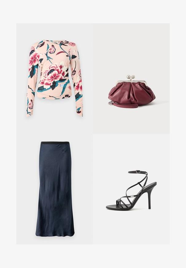 Diane von Furstenberg LONG SLEEVE SHIRT - Langarmshirt - light pink; Marineblaue A-Linien-Rock aus glattem Satin-Material mit einem schwarzen elastischen Bund. Verfügt über einen dezenten Glanz und ein bodenlanges Design.; Schwarze High-Heel-Sandale mit dünnen Riemen, einem Knöchelverschluss, einer glatten Lederoberfläche und einem schlanken Stiletto-Absatz.; Kleine bordeauxrote Leder-Clutch mit silbernem Metallverschluss und Handgelenksriemen auf weißem Hintergrund.